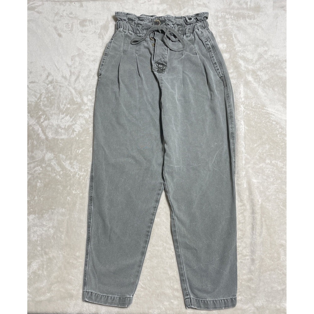 Free People Pants Women's XS Green Slouchy Paper Bag Elastic Waist Button Fly